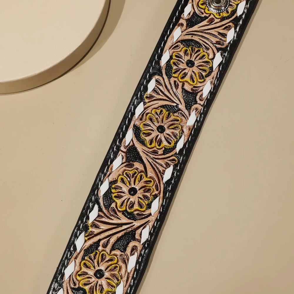 Tooled Leather Floral Embossed Bracelet Black and Brown NWT - Picture 13 of 14
